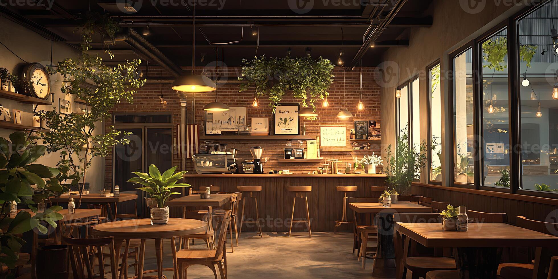 A restaurant with tables and chairs in front of a window photo