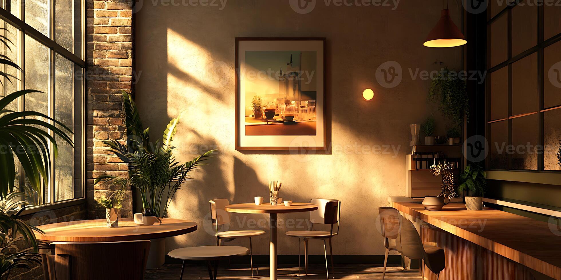 A restaurant with a table and chairs in front of a window photo