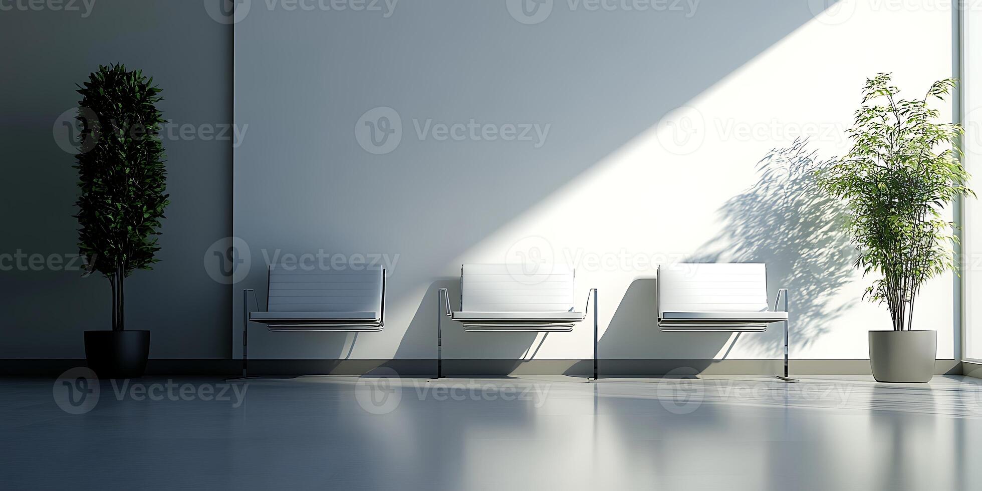 Three chairs and a potted plant in a room photo