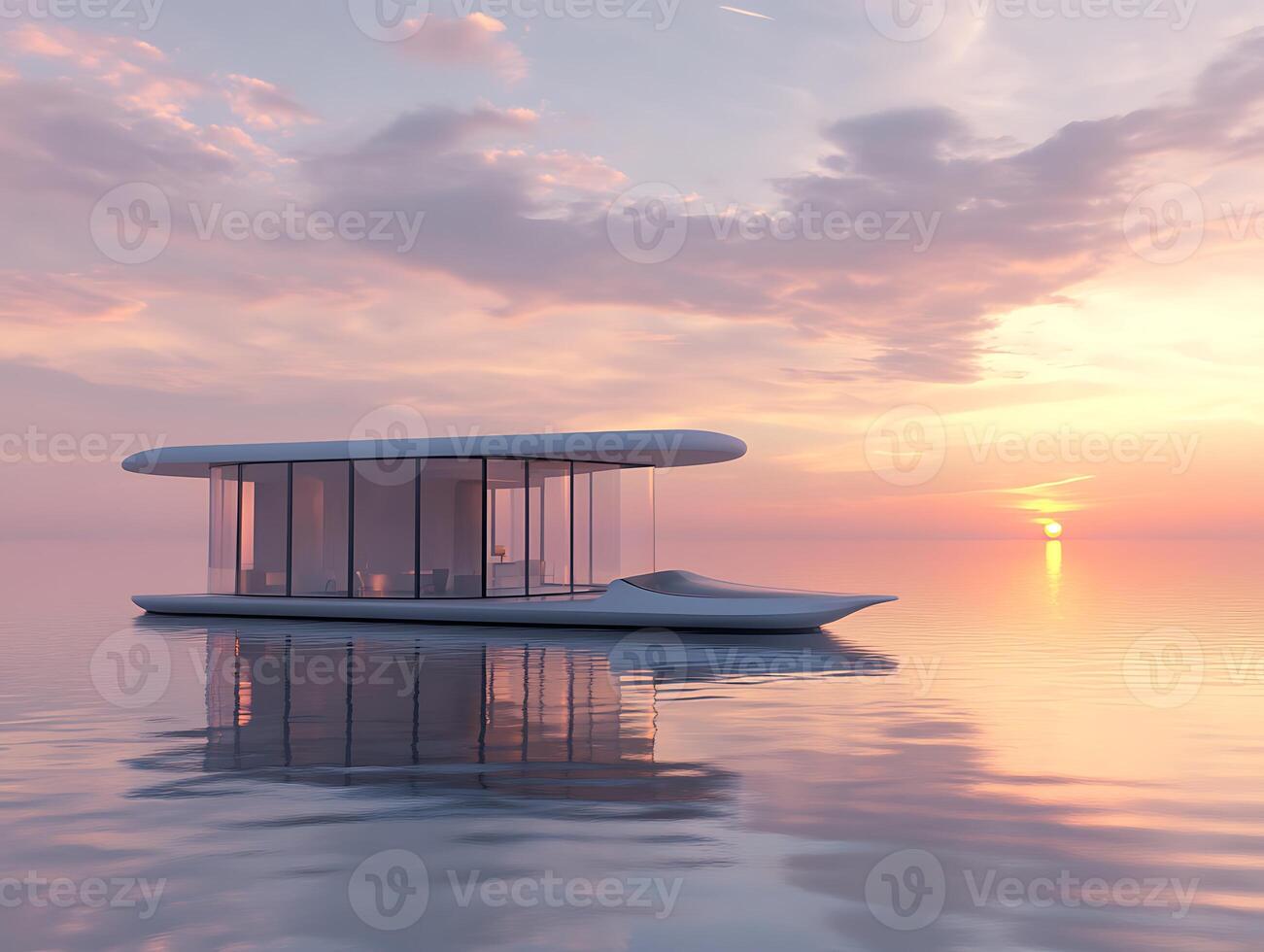 A floating house in the ocean at sunset photo