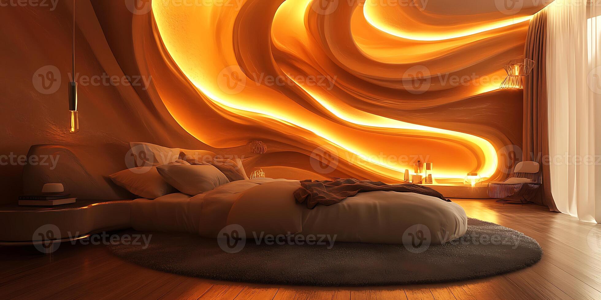 A bedroom with a bed and a wall with a light photo