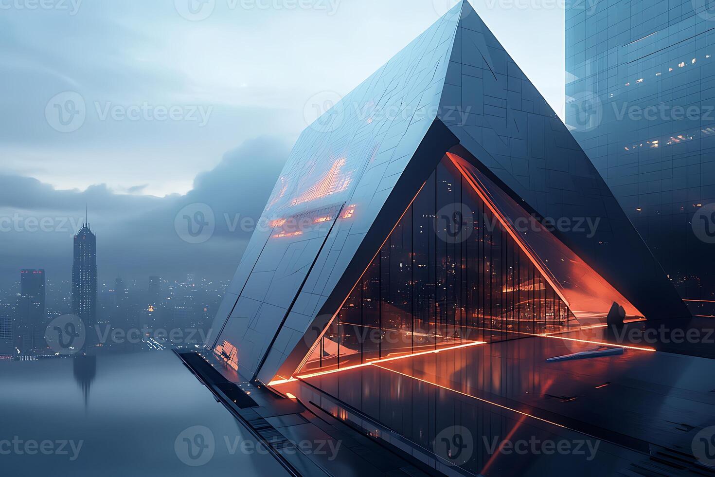 A futuristic building with a large triangular shape photo
