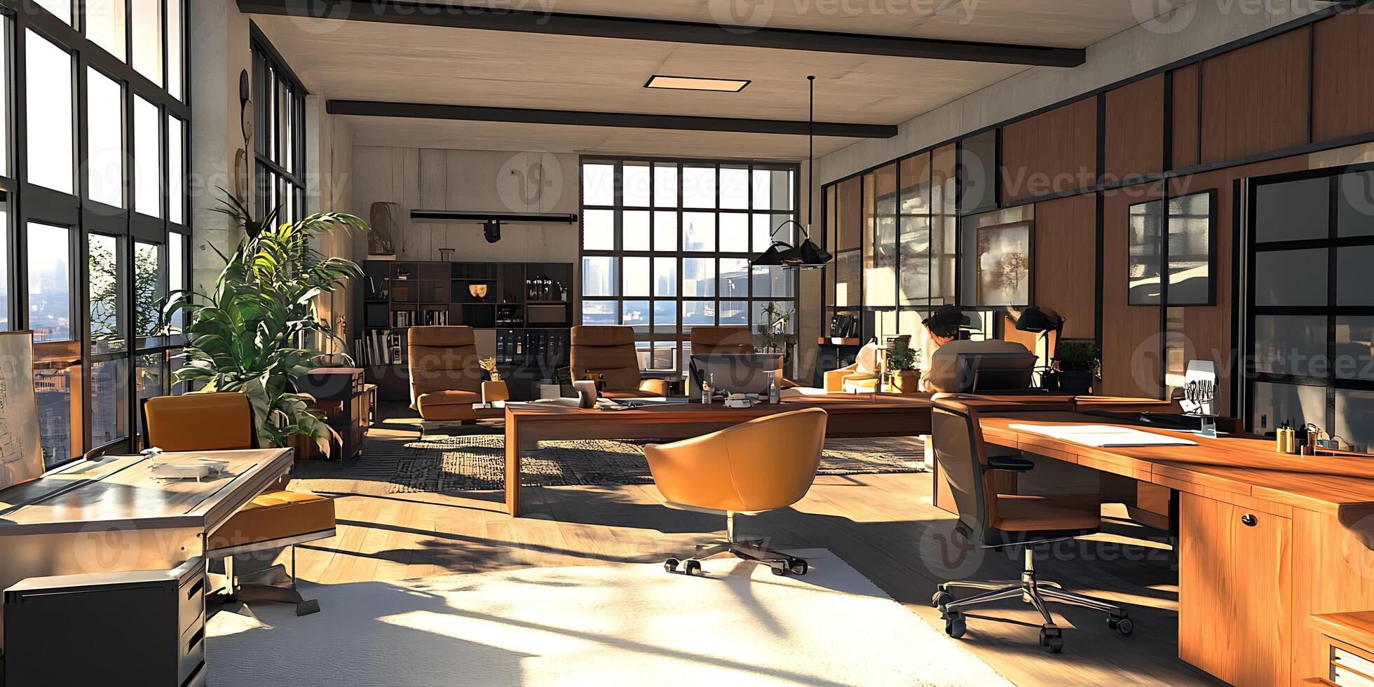 A large office with lots of windows and a desk photo