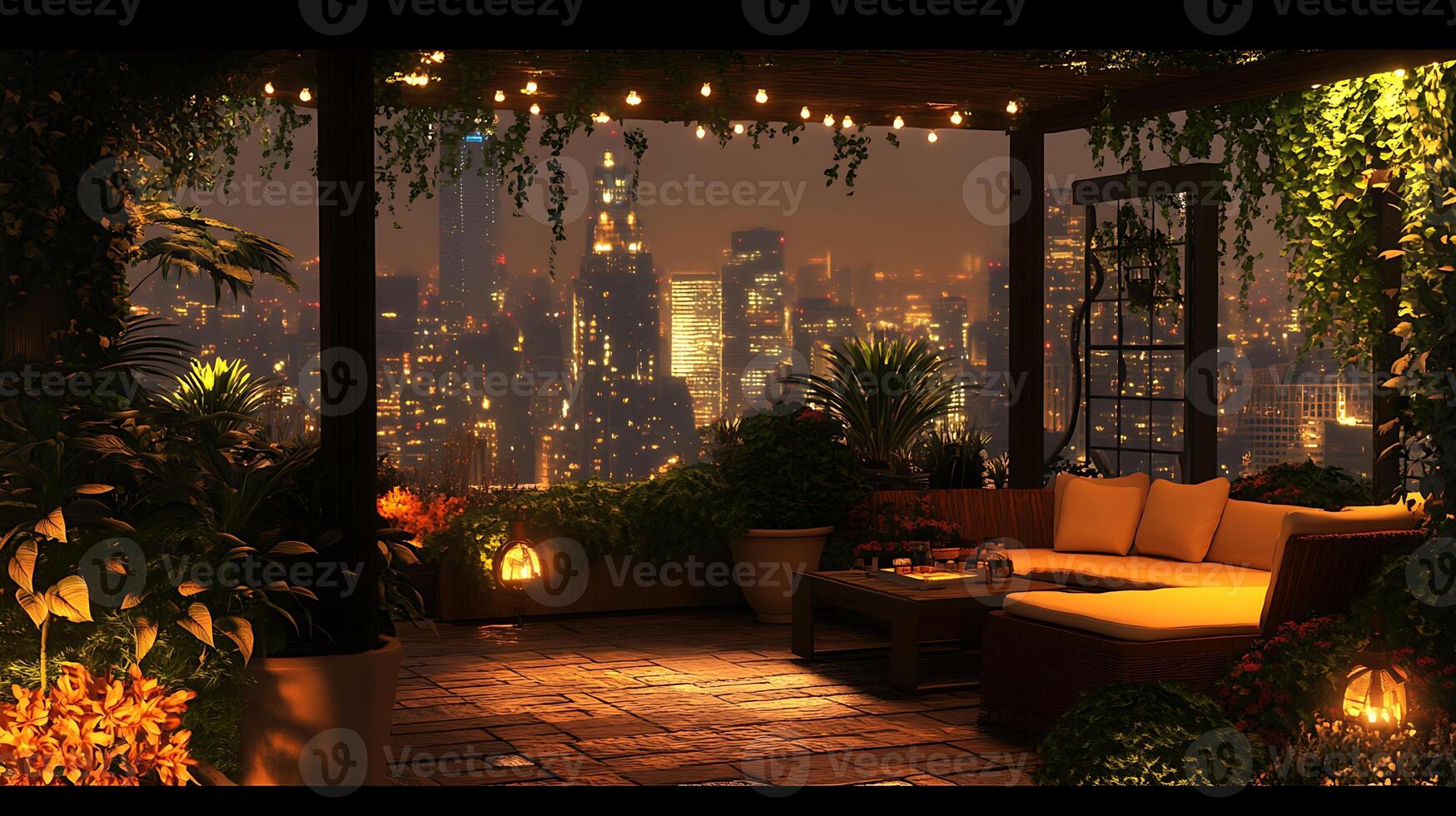 A patio with a view of a city at night photo