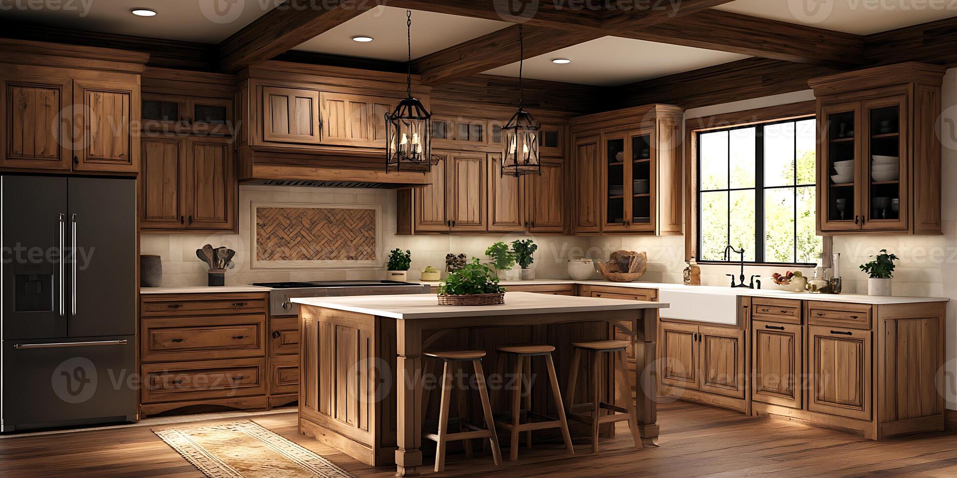 A kitchen with wooden cabinets and a center island photo