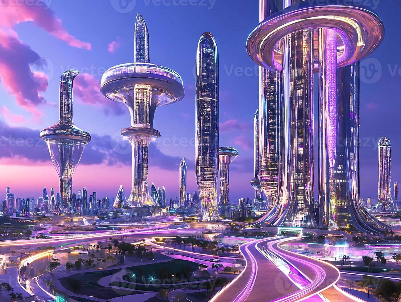 Futuristic city with futuristic buildings and traffic photo