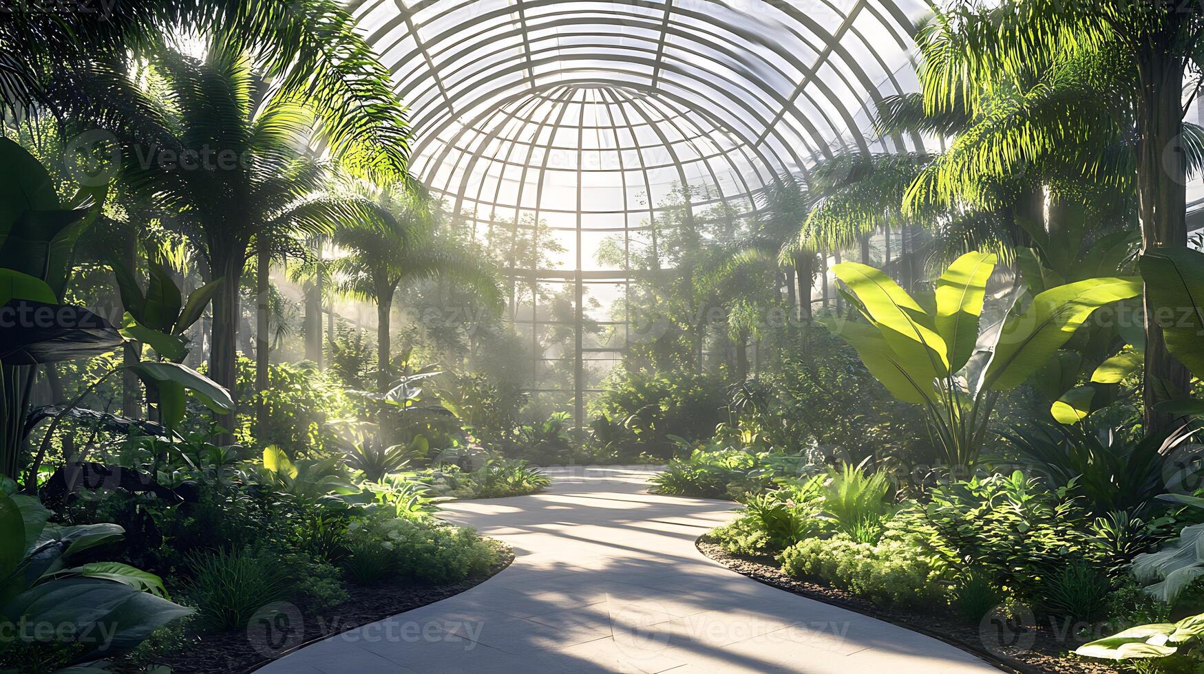 A tropical garden with a walkway and palm trees photo