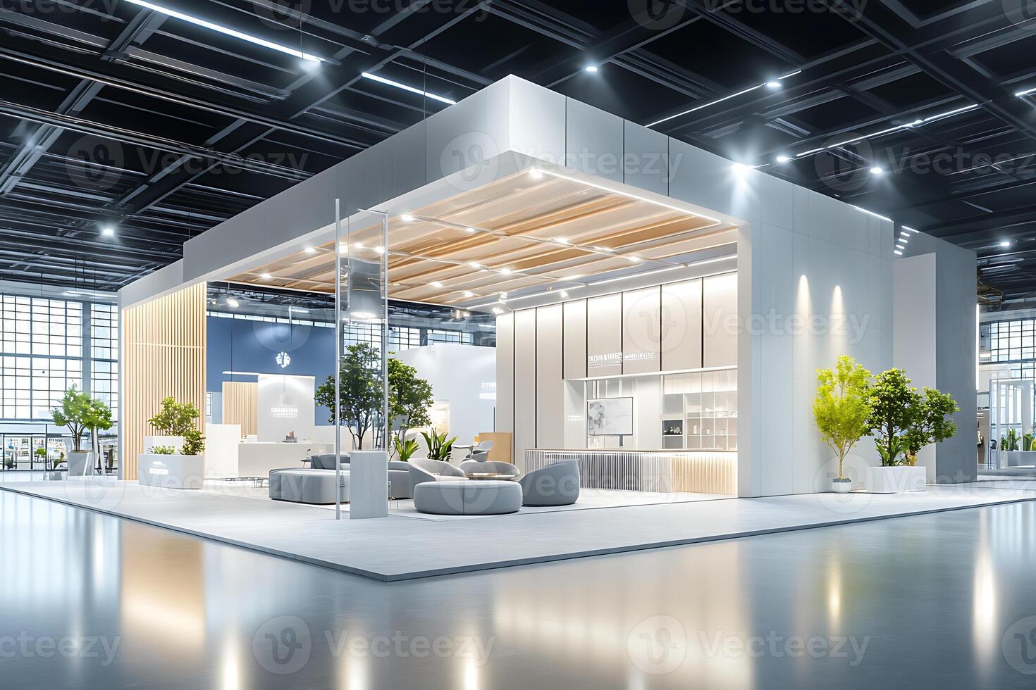 A large white exhibit booth with plants and furniture photo