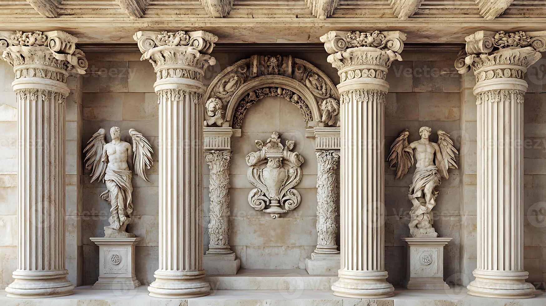 The columns are made of stone and have statues on them photo