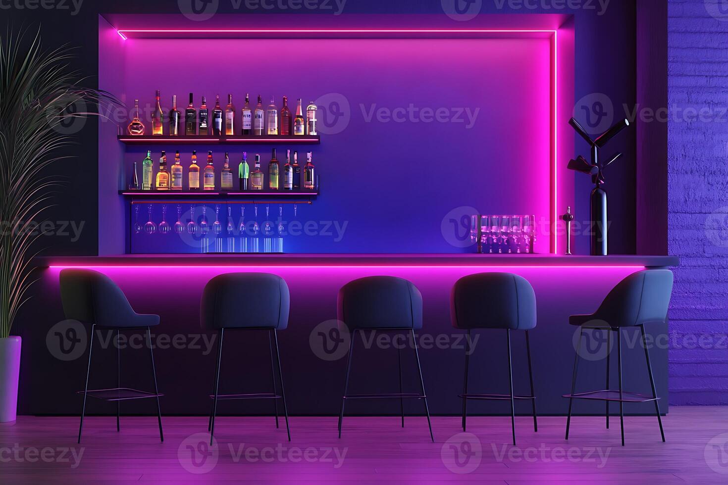 A bar with purple lighting and chairs photo
