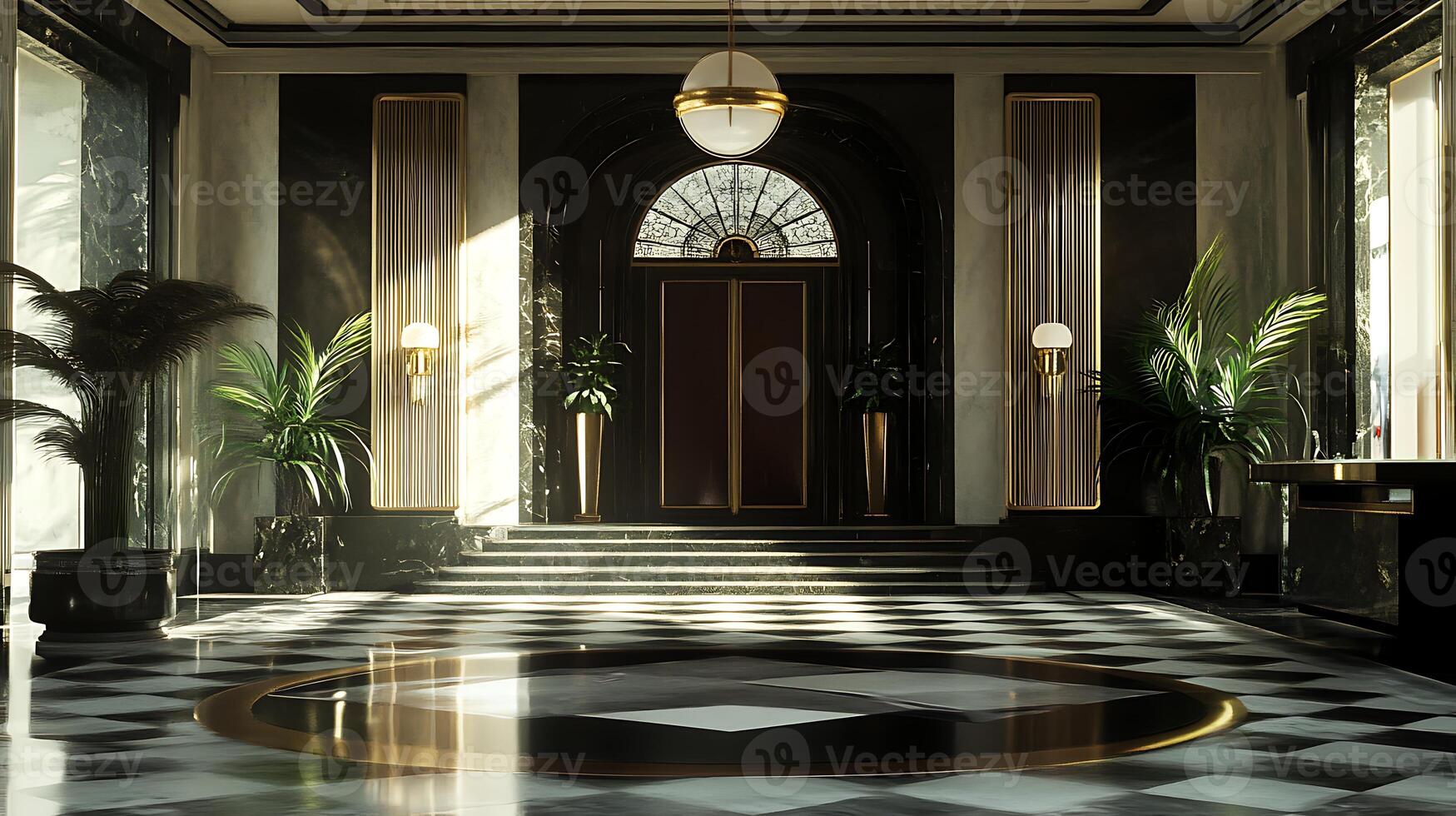 A large room with a black and white checkered floor photo