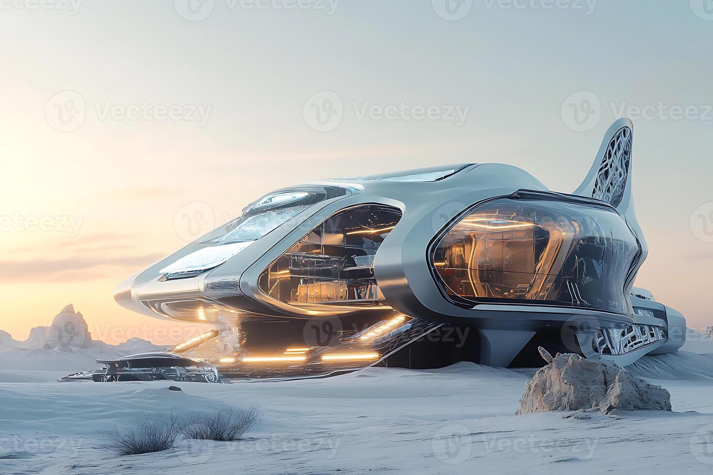 A futuristic spaceship in the middle of a snowy field photo