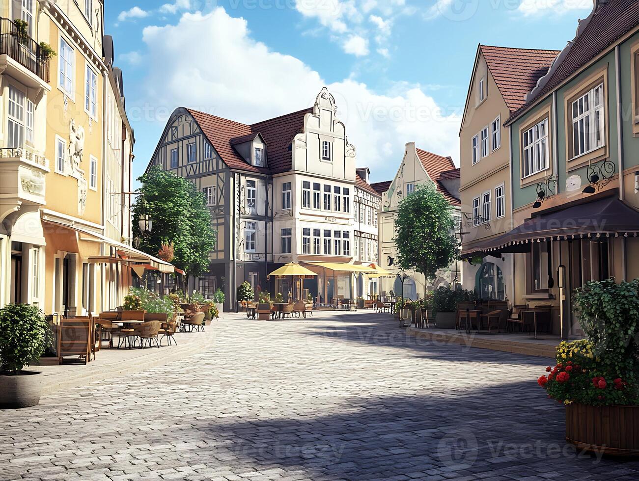 A street with a cobblestone path and tables and chairs photo