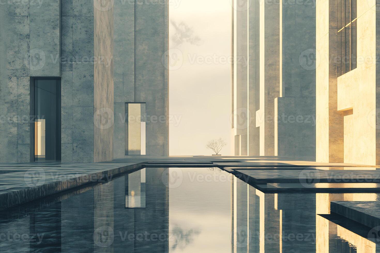 A pool in a concrete building with a reflection of the sky photo