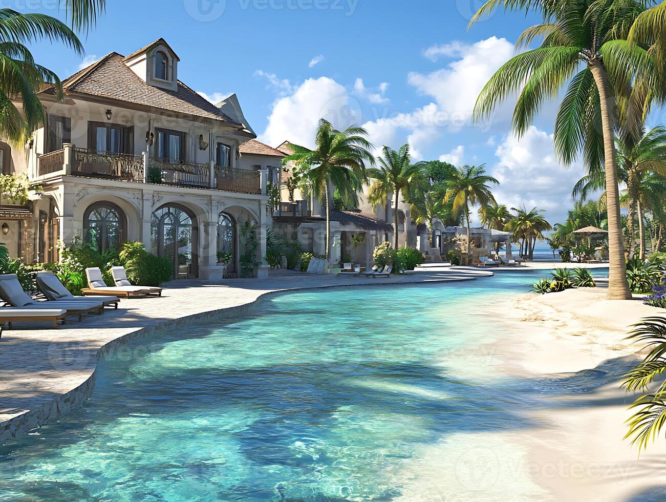 A tropical resort with a pool and palm trees photo