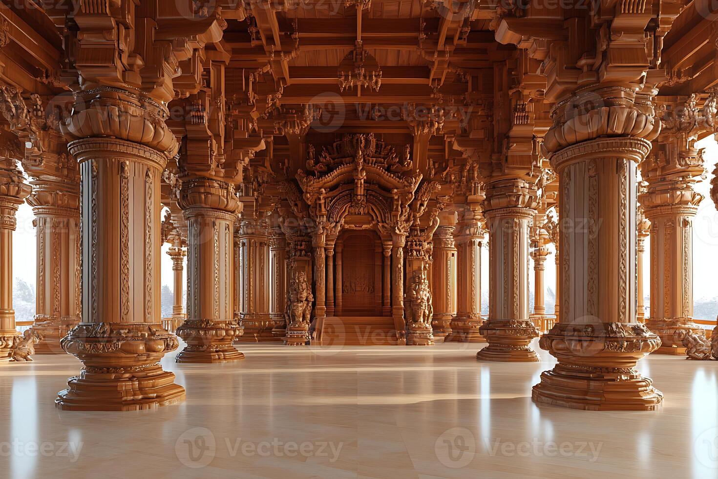 The interior of a large hall with ornate pillars photo