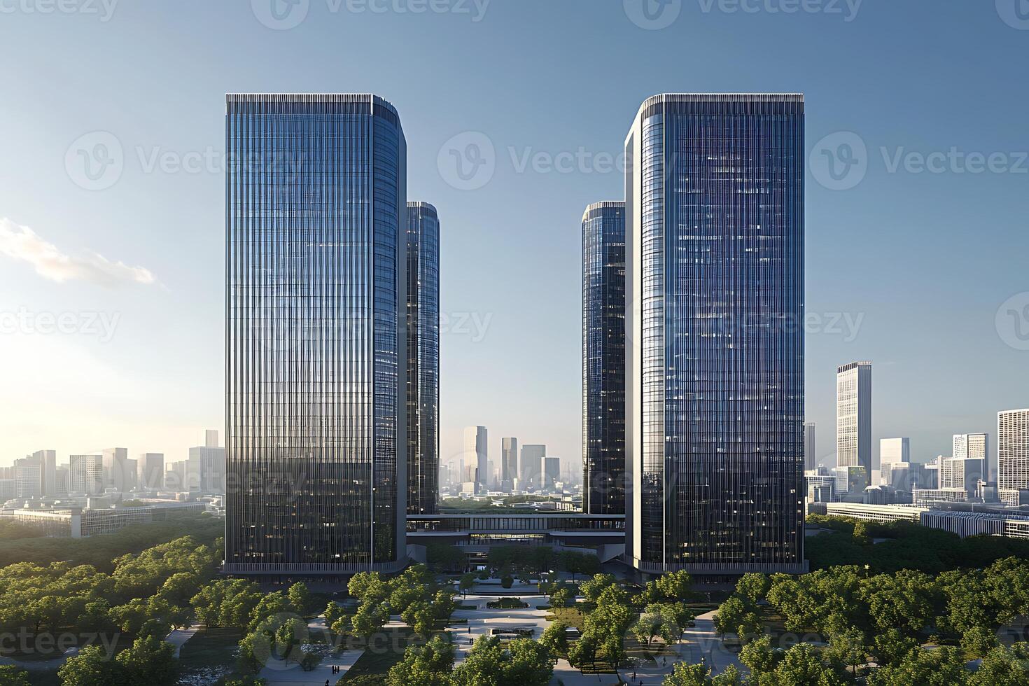 Two tall buildings with trees in front of them photo