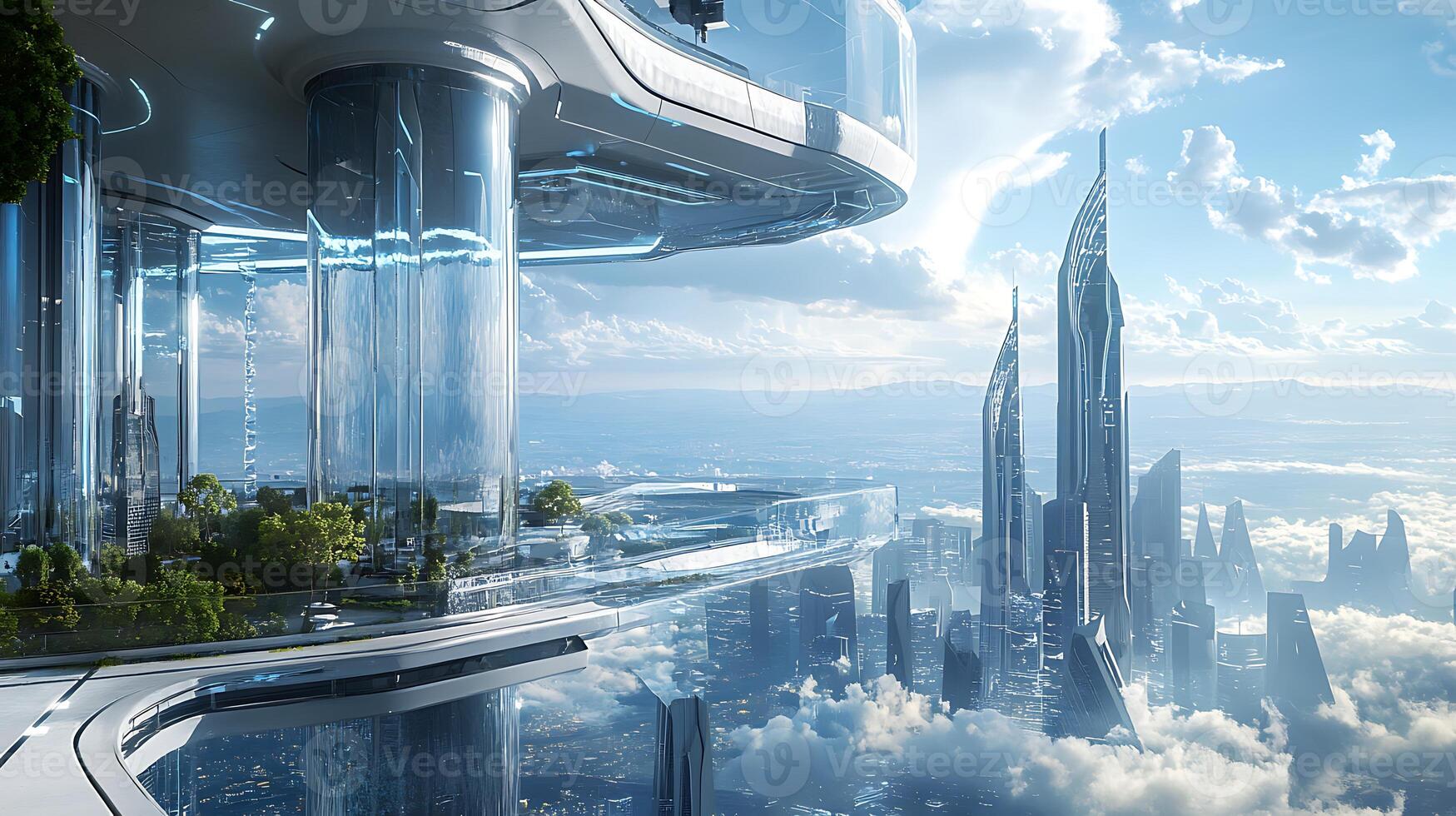 A futuristic city with a view of the clouds photo