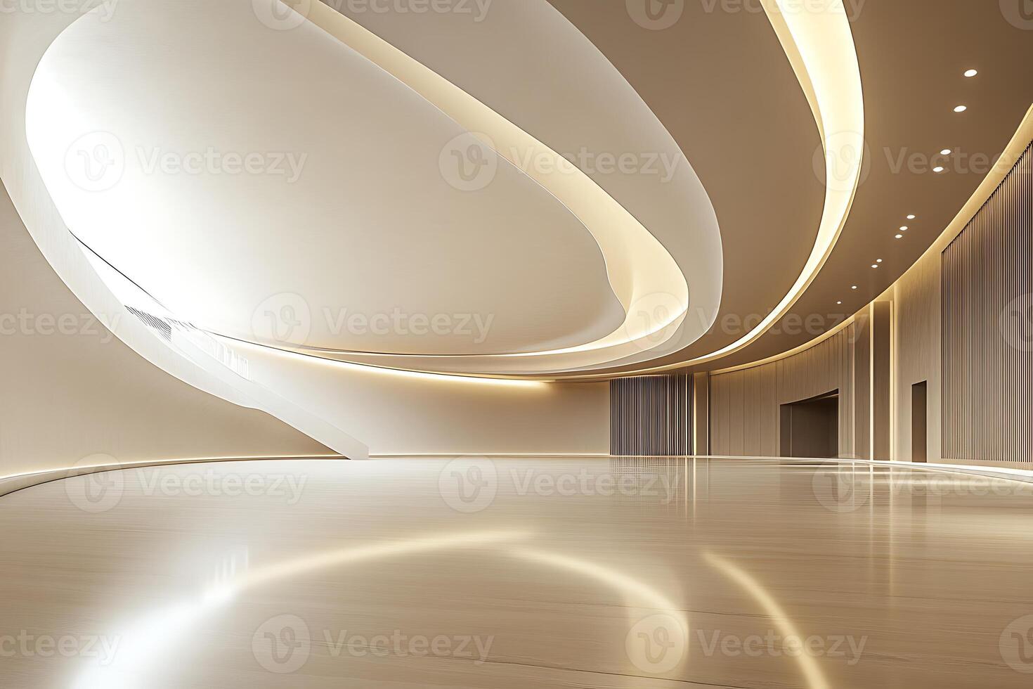 A large empty room with curved walls and wooden floors photo