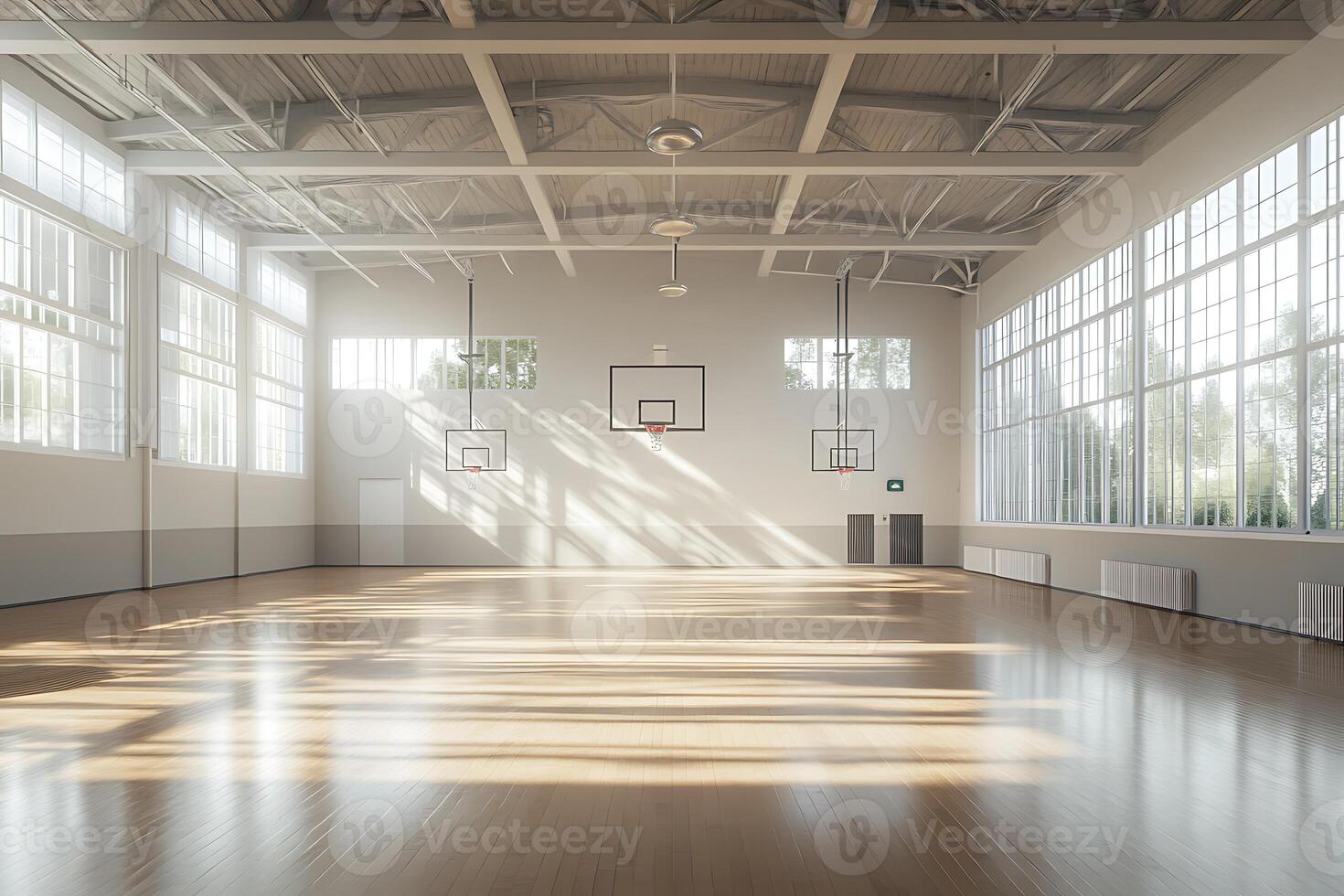An empty basketball court with a large window photo