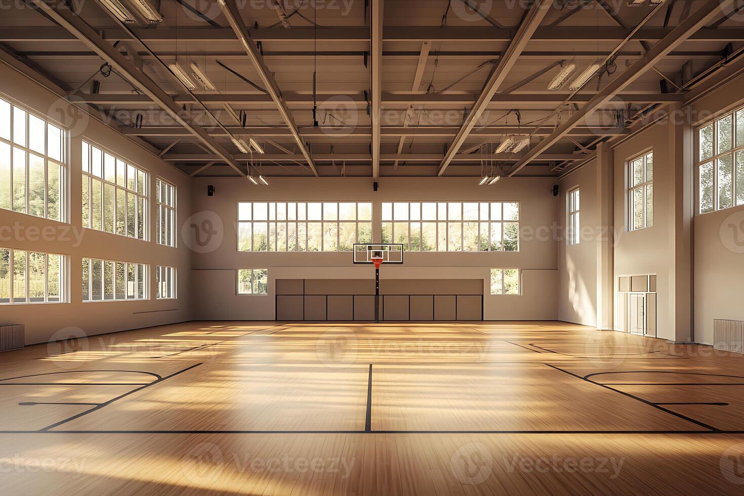 An empty basketball court with a large window photo