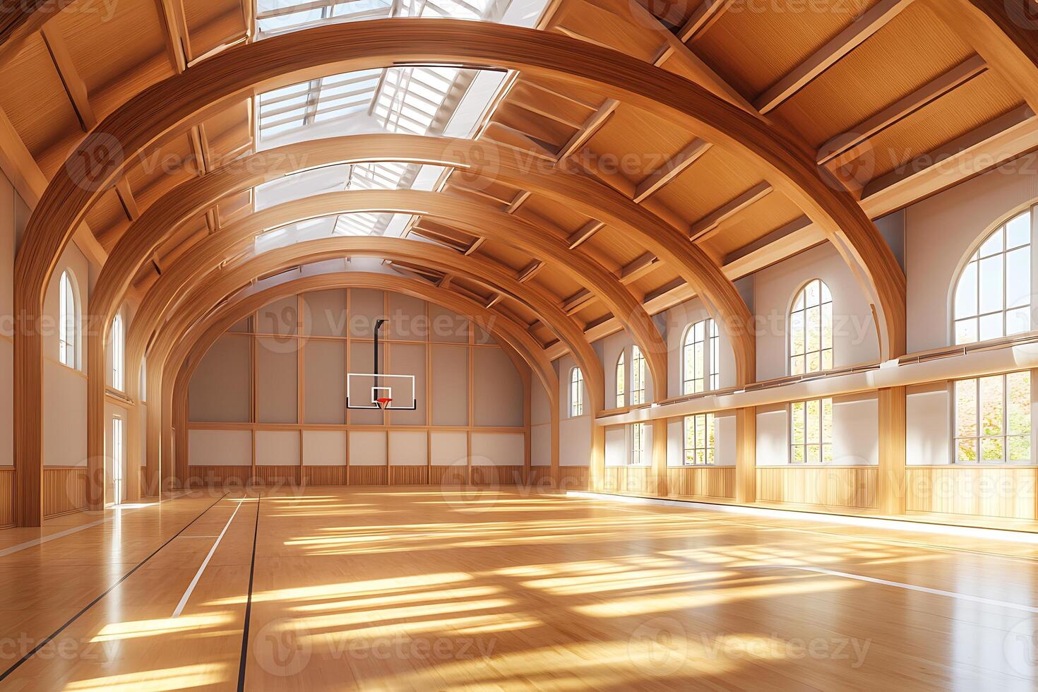 An empty basketball court with wooden floors and arched windows photo