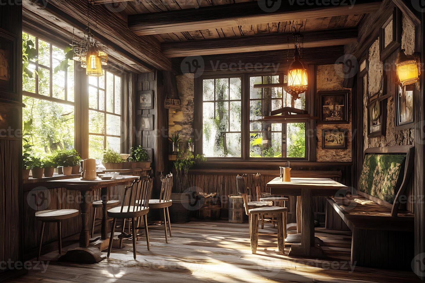 A restaurant with tables and chairs in a room photo