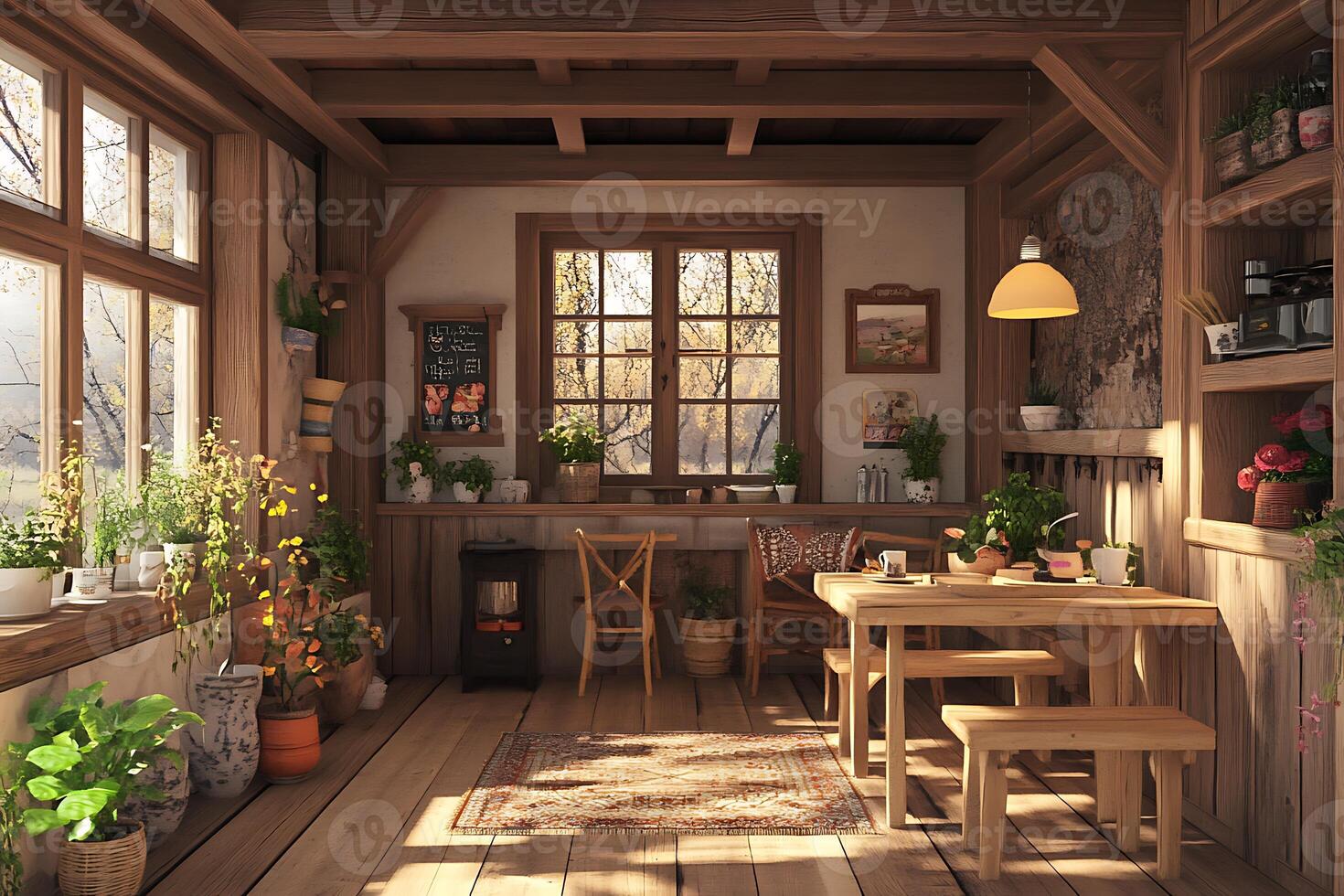 A kitchen with a table and chairs in it photo