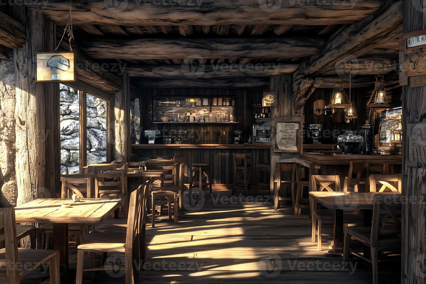 A rustic restaurant with wooden tables and chairs photo