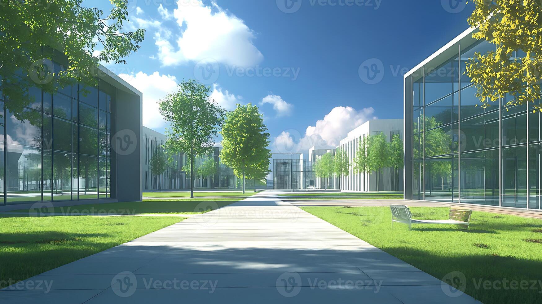 A walkway in front of a large building with trees photo