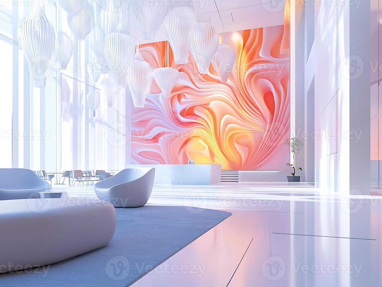 A modern lobby with large abstract art photo