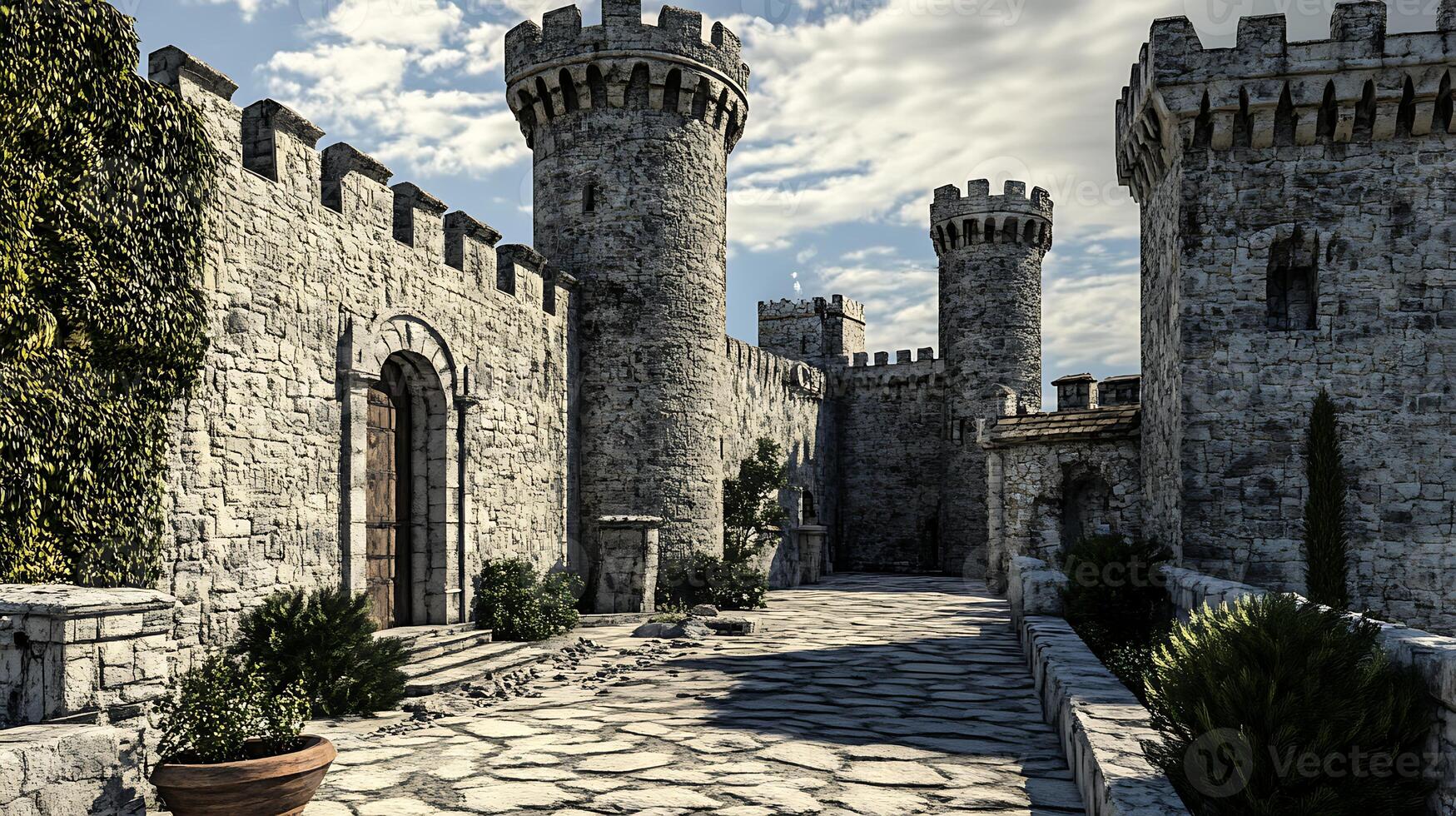 A castle with a stone walkway and a stone wall photo