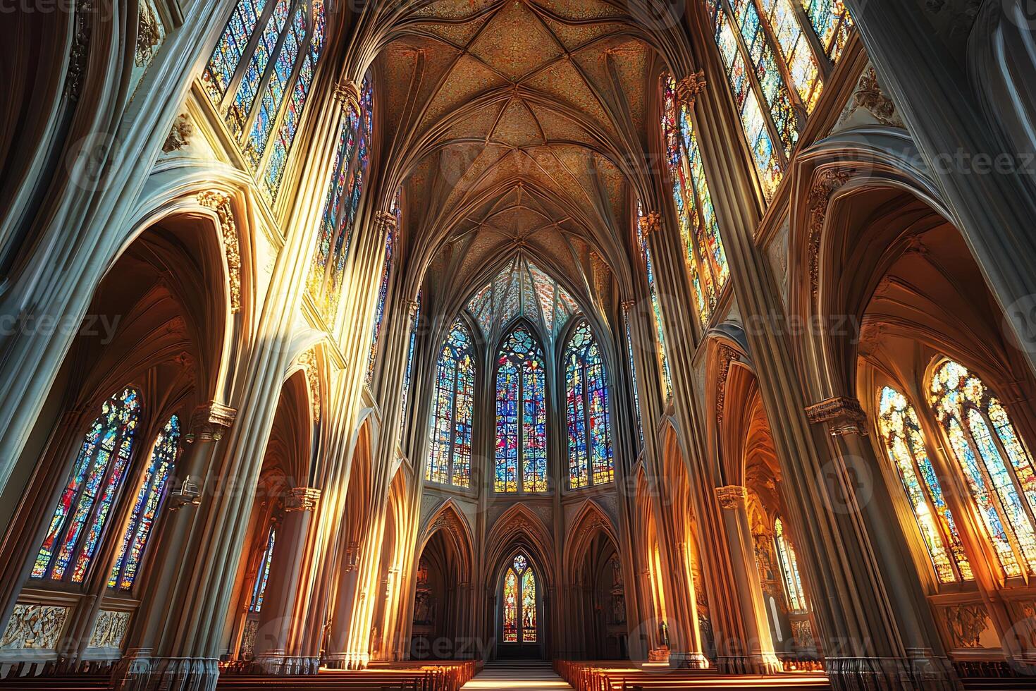 A cathedral with a lot of windows and a lot of pews photo