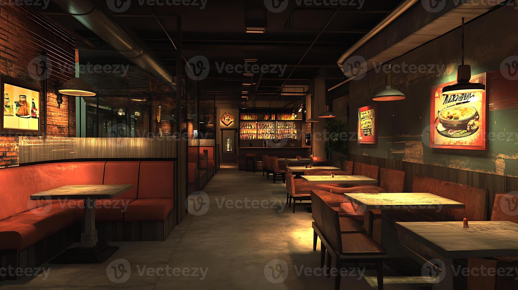 A restaurant with booths and tables in a dark room photo