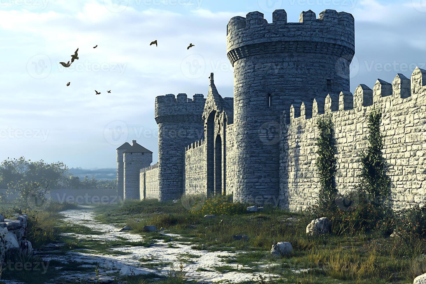 A castle wall with a path leading to it photo
