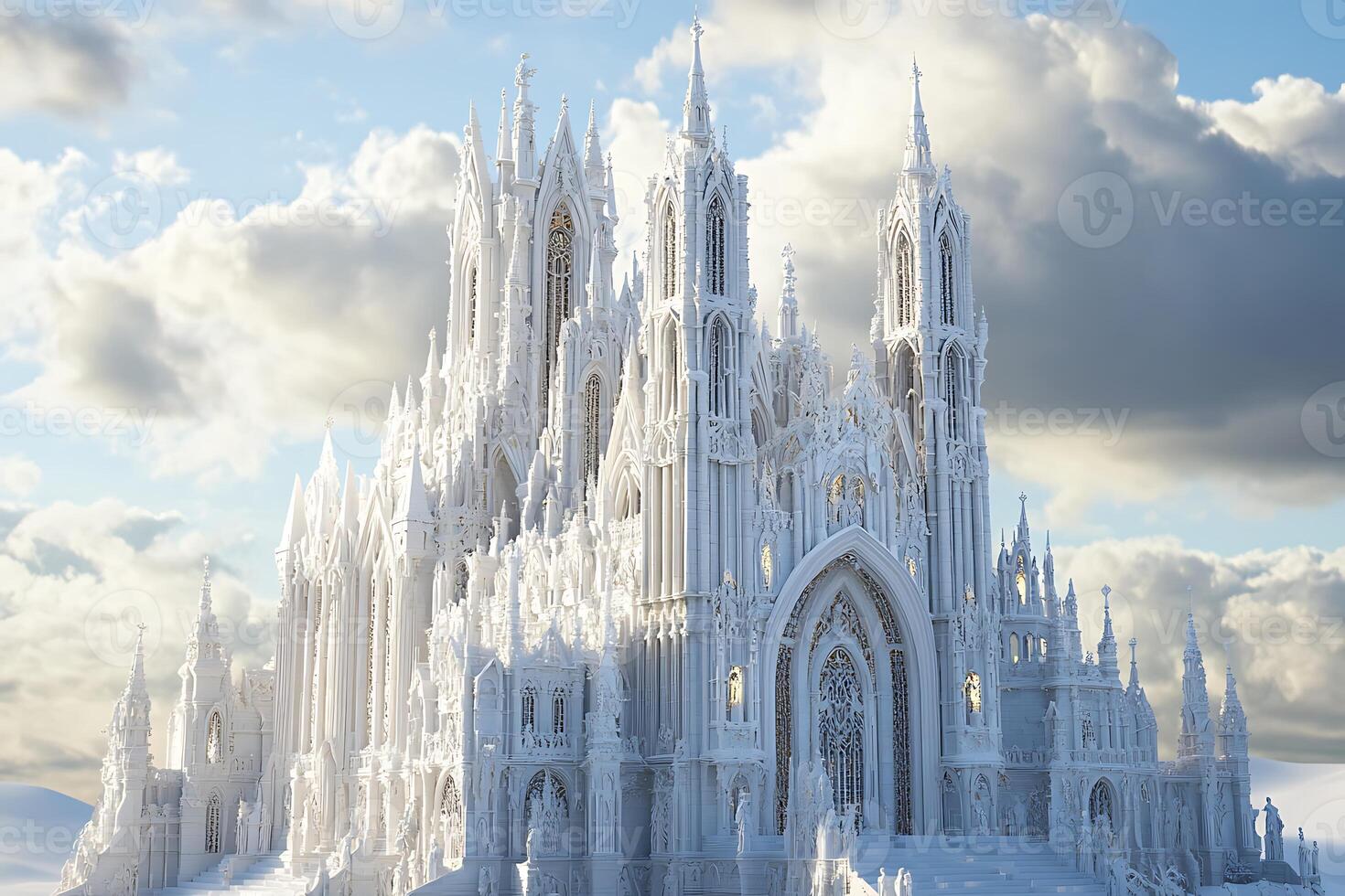 A large white church is covered in snow photo