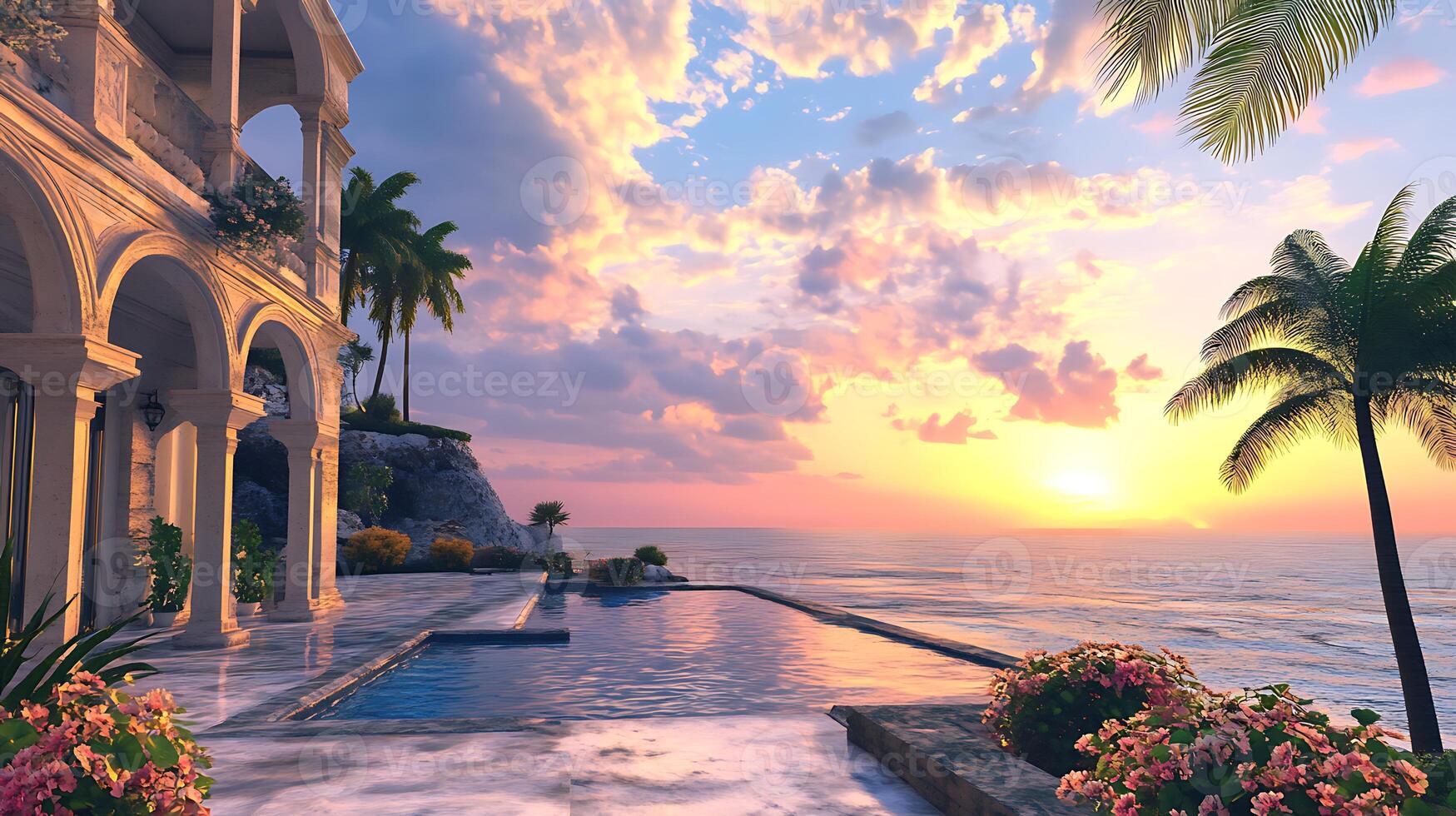 A tropical house with a pool and palm trees photo