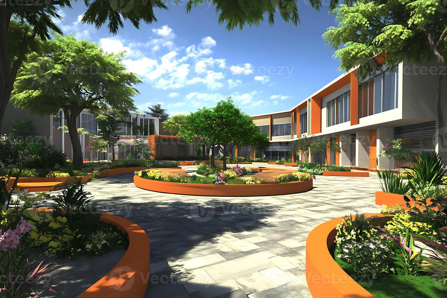 A courtyard with plants and trees in front of a building photo