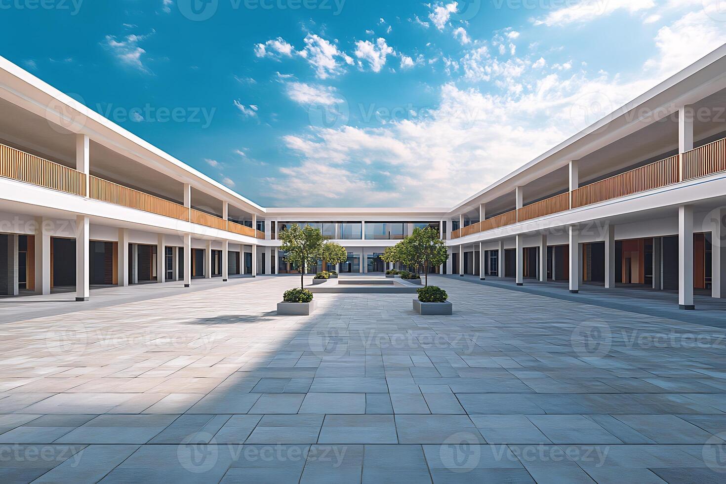 A courtyard with a tree in the middle photo