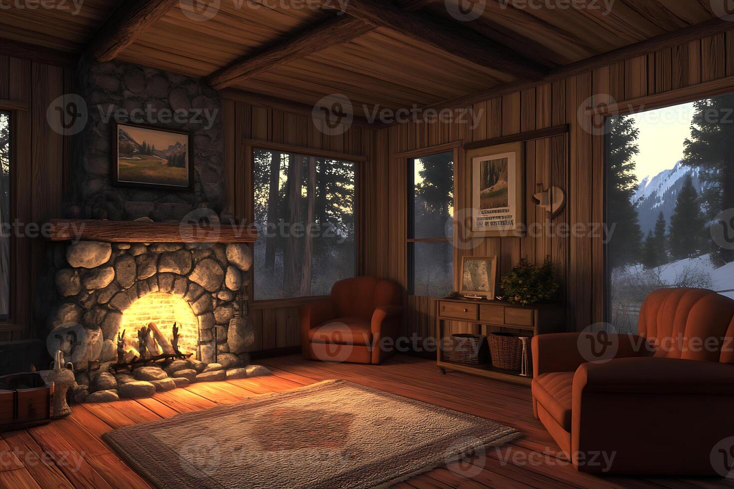A living room with a fireplace and chairs photo