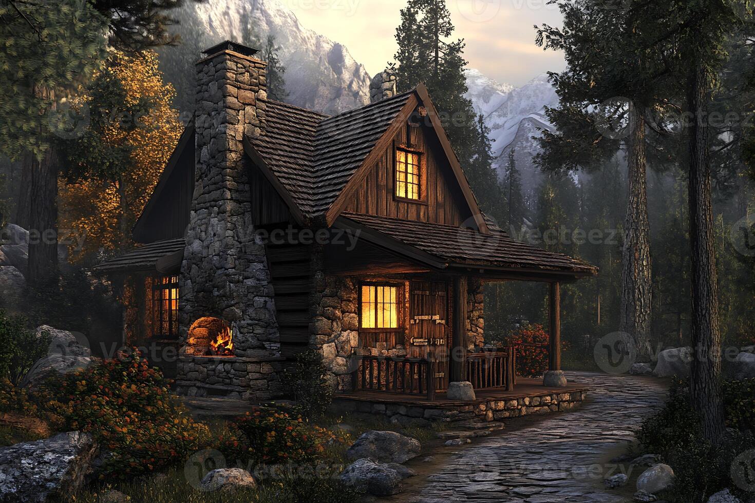 A small cabin in the woods with a stone path photo