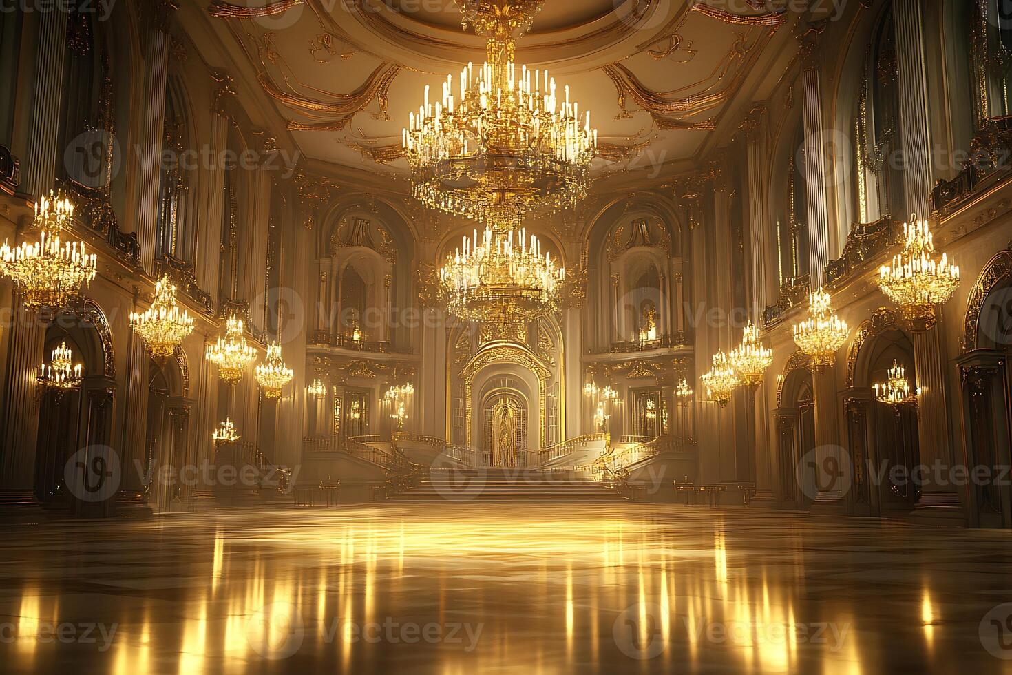 A large room with chandeliers and gold lighting photo