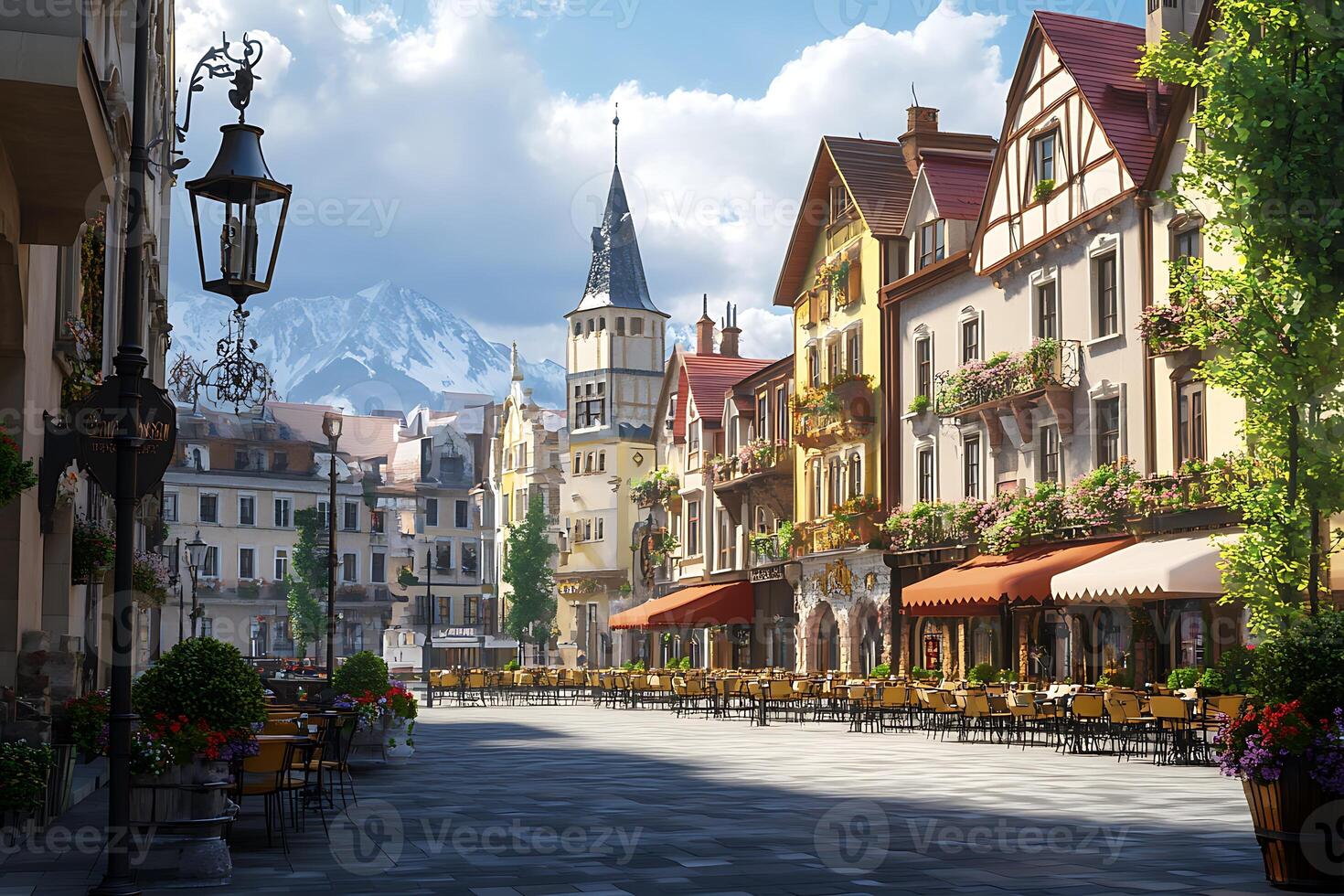 A street with tables and chairs in front of a building photo