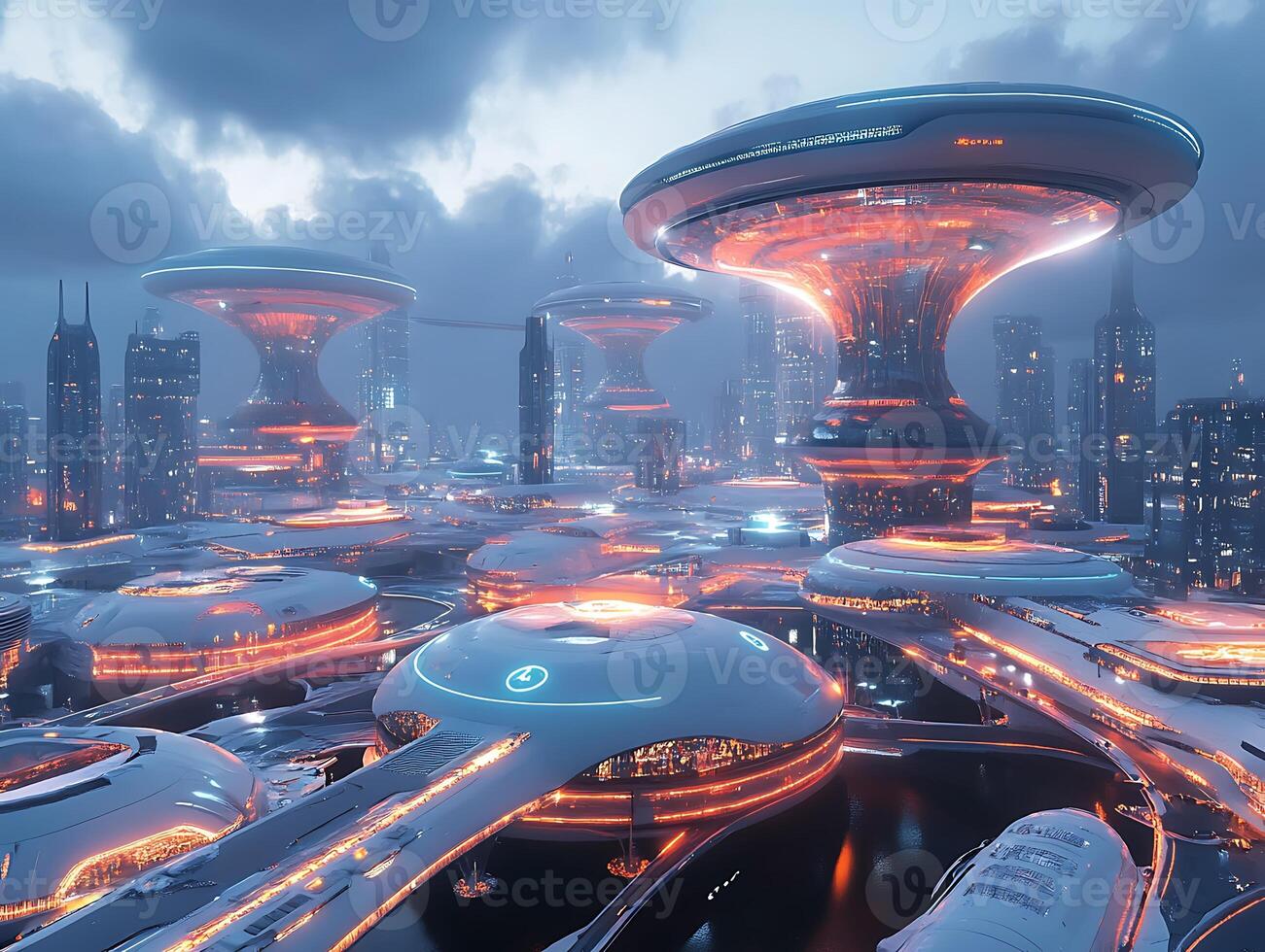 Futuristic city with futuristic buildings and lights photo