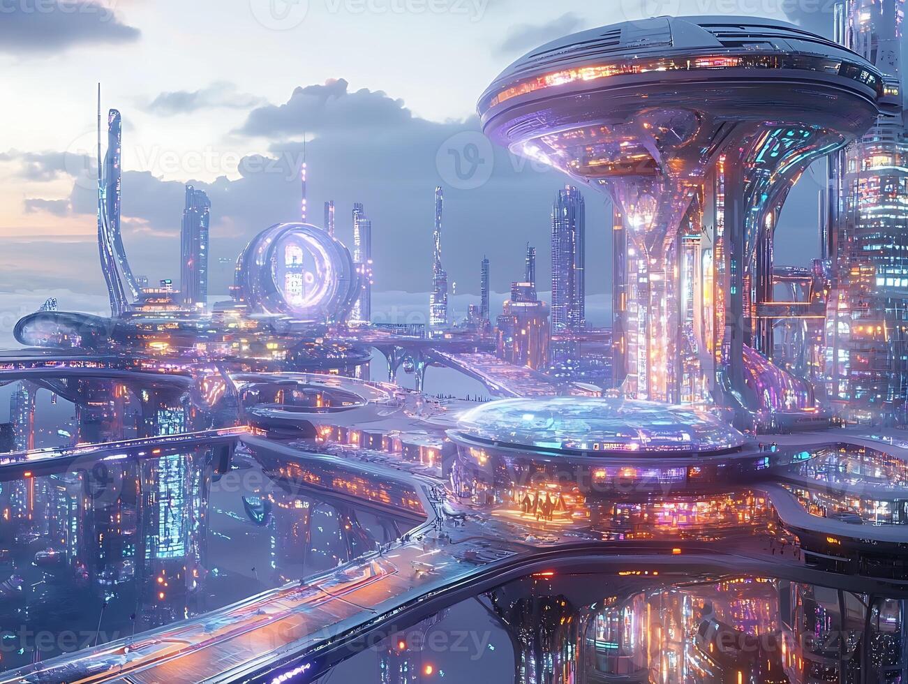 Futuristic city with futuristic buildings and lights photo