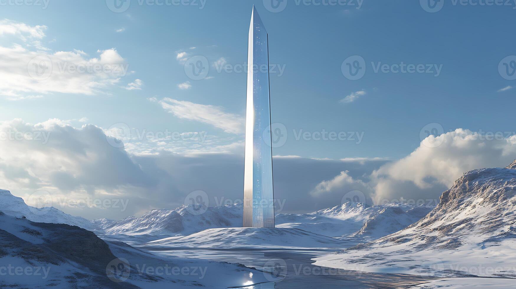 A tall tower in the middle of a snowy mountain photo