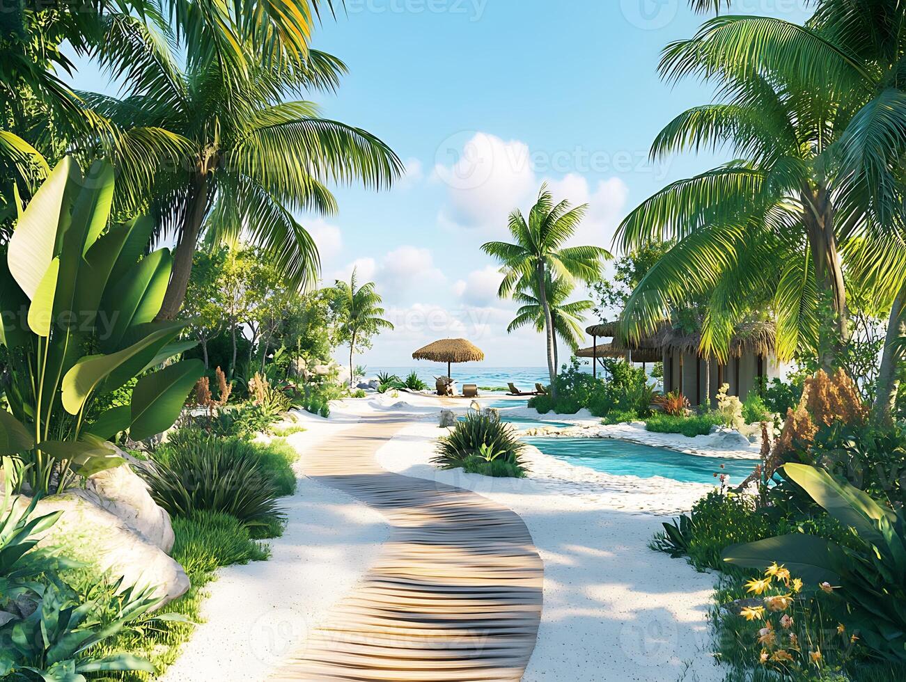 Tropical paradise with palm trees and a pathway photo