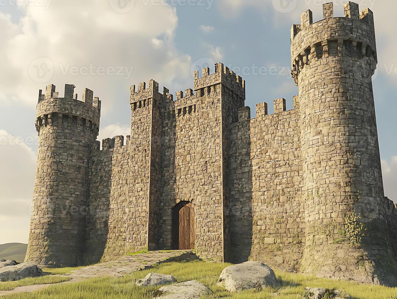 A castle with a large door and a stone wall photo