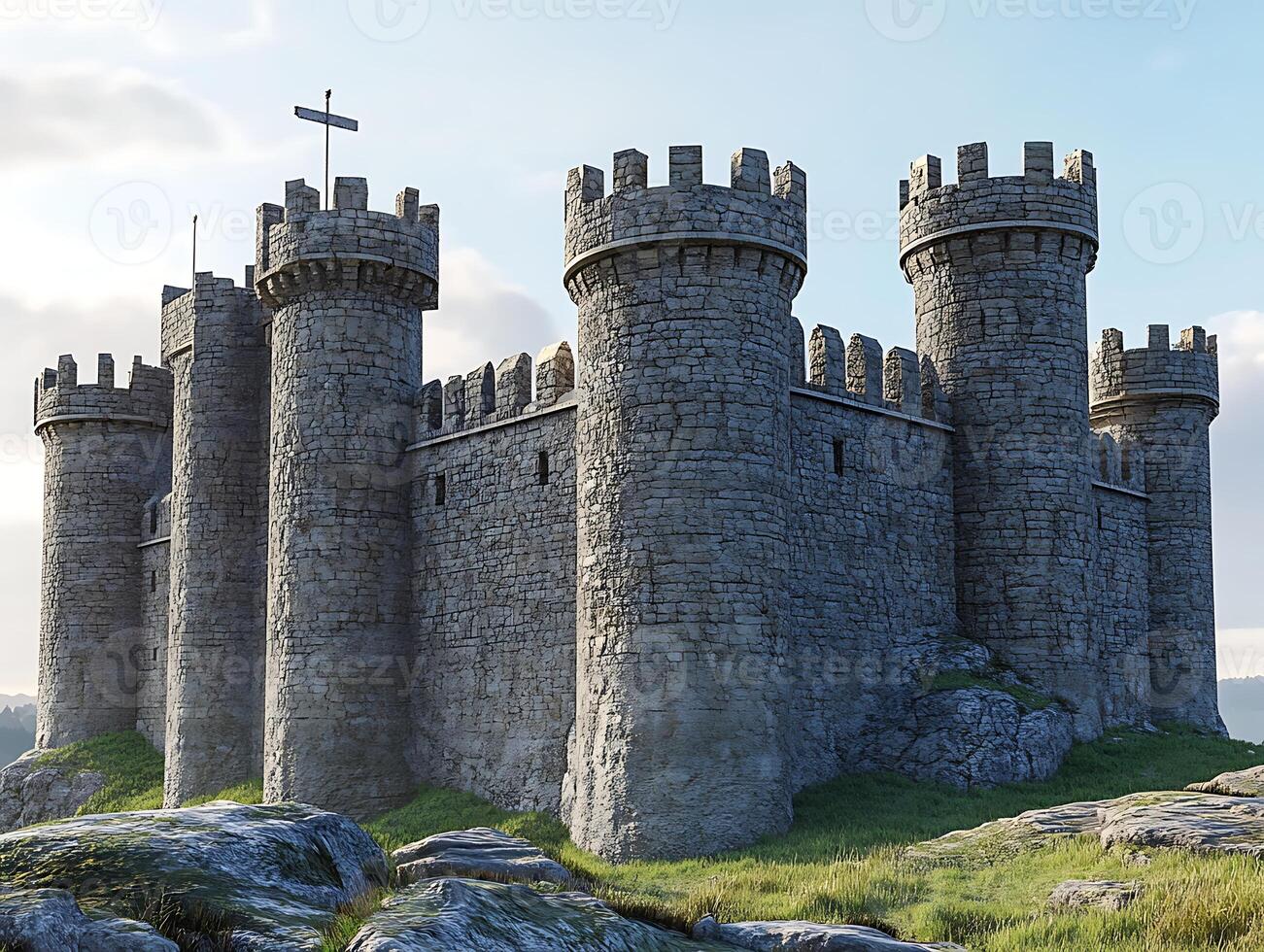 A castle is shown in a 3d rendering photo