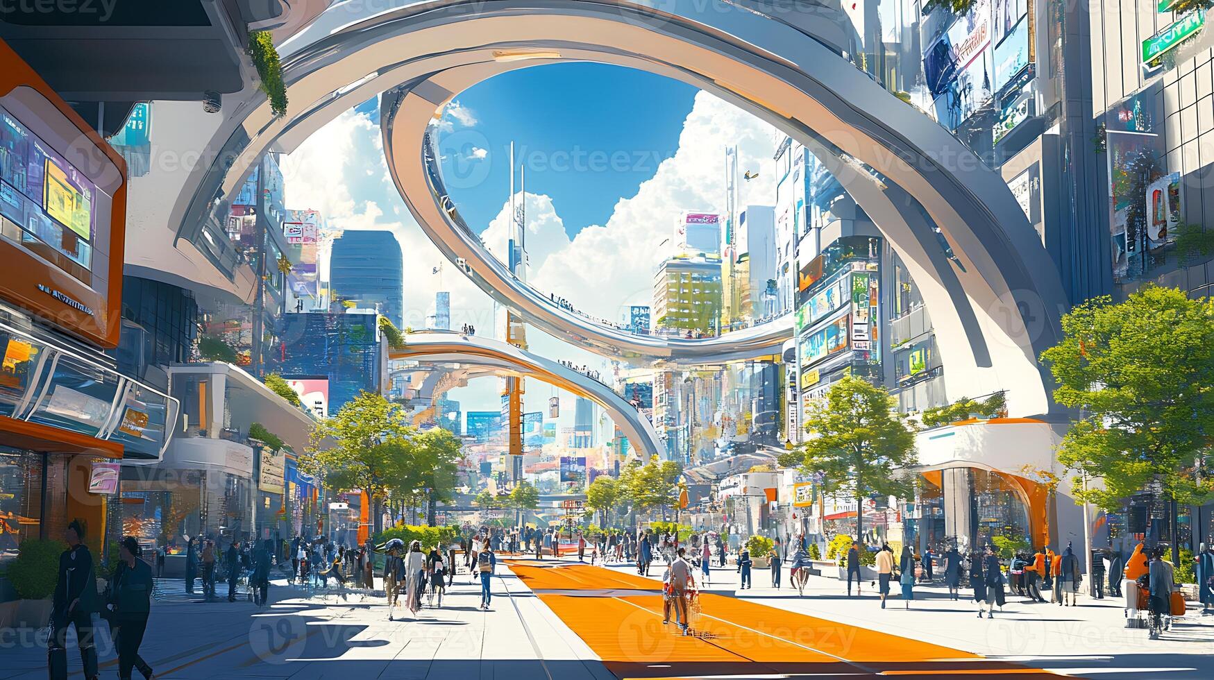 A futuristic city with people walking around photo